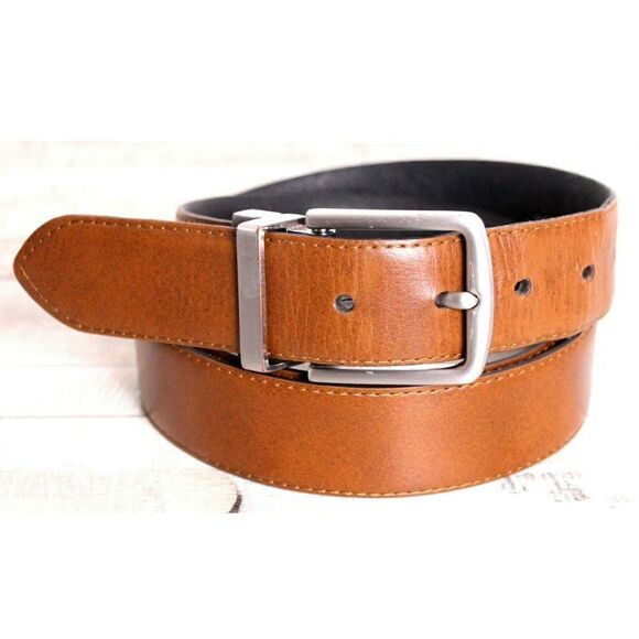 SAFFIANO BLACK BROWN GENUINE LEATHER 1.25"W REVERSIBLE DRESS MEN'S BELT 42 (X10 - Picture 2 of 11